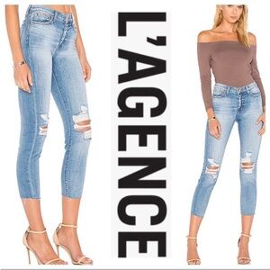 L'AGENCE El Matador Jeans Distressed Light Blue Raw Hem Size 25